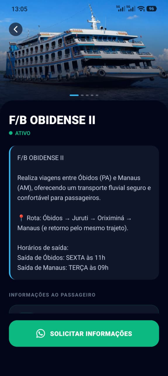 Perfil real da embarcação F/B Obidense II no aplicativo Cadê Meu Barco