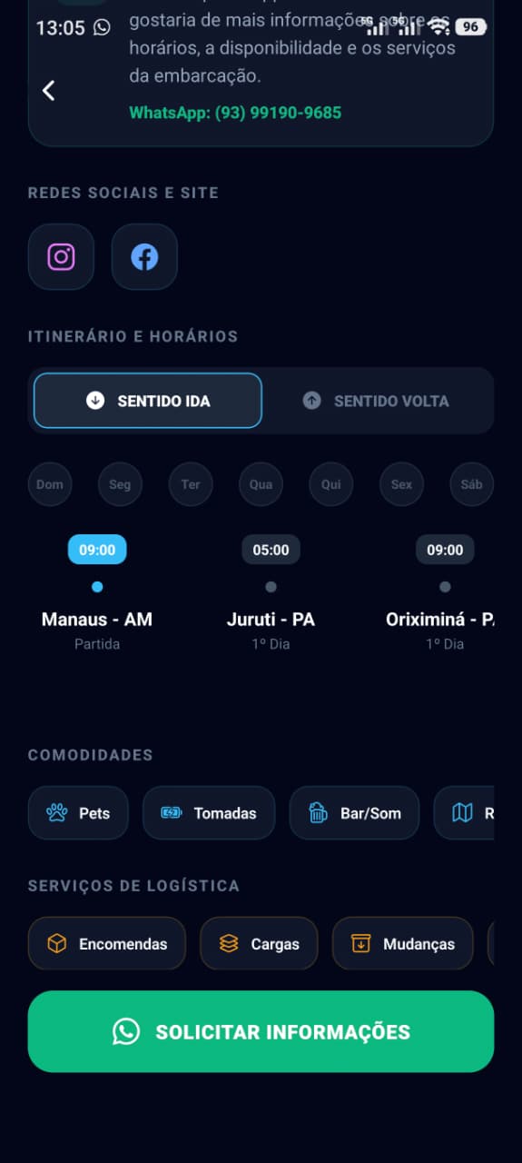 Itinerários, comodidades e serviços reais exibidos no aplicativo Cadê Meu Barco