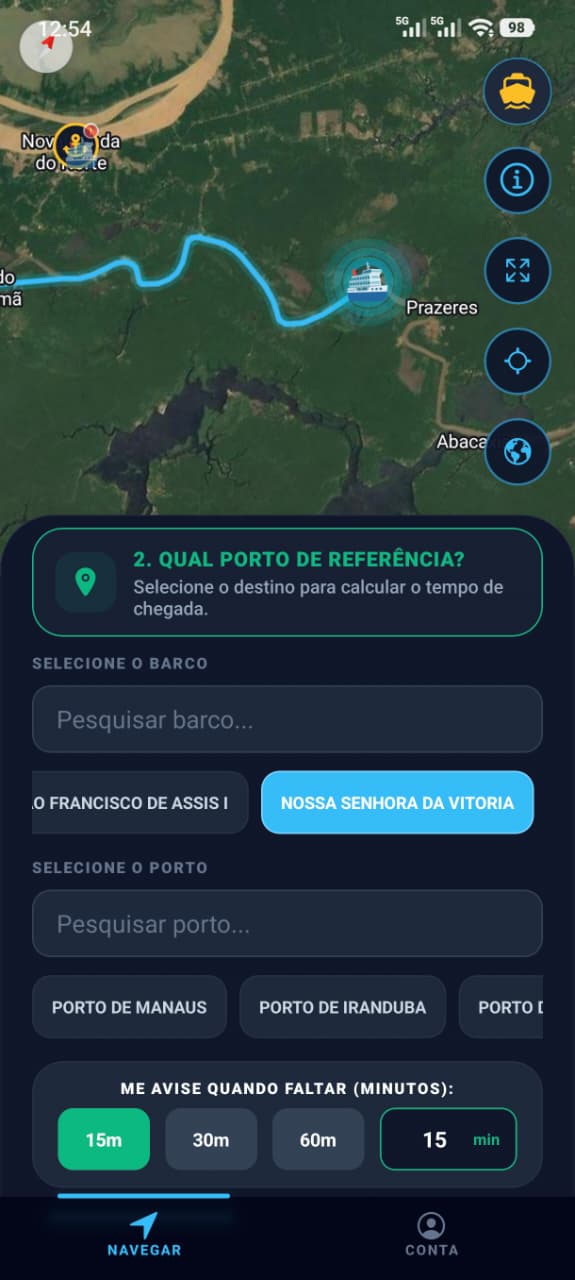 Mapa real do aplicativo Cadê Meu Barco acompanhando uma embarcação