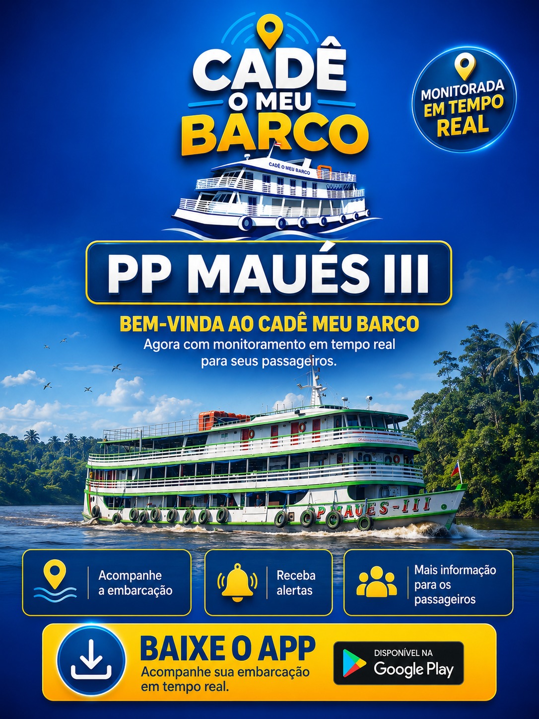 Arte de boas-vindas da embarcação PP Maués III no Cadê Meu Barco